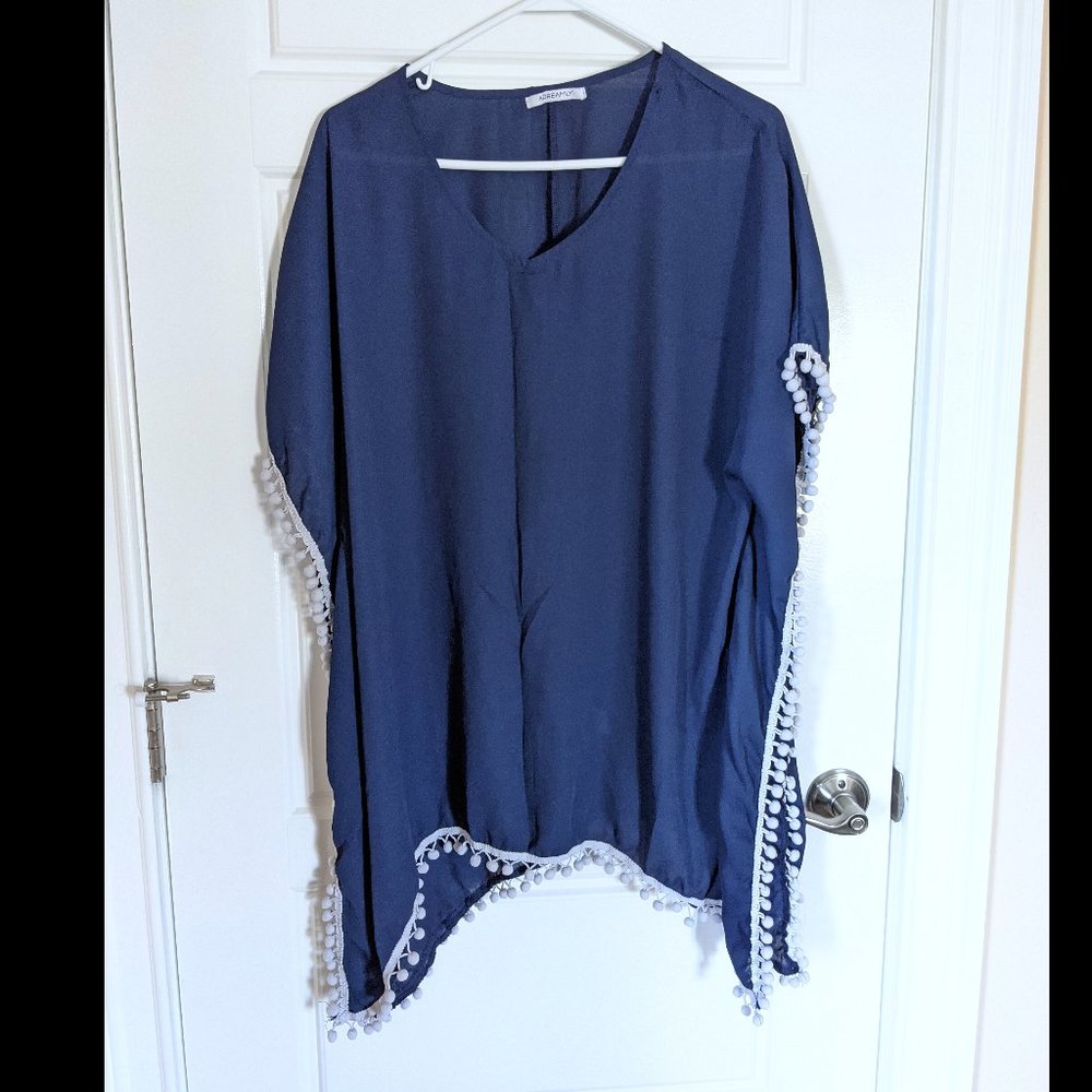 One Size Navy Pom Pom Trim Cover Up